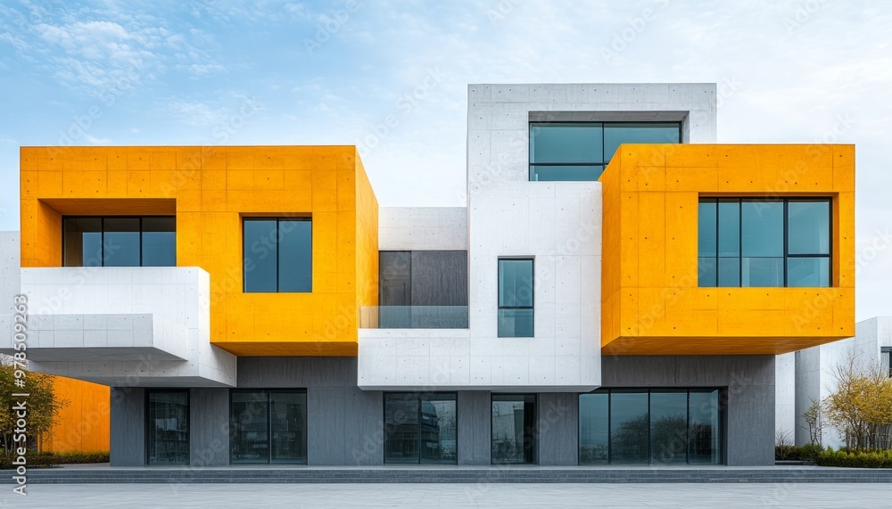 Modern Concrete Building with Yellow and White Panels and Large Windows Modern Concrete Building with Yellow and White Panels and Large Windows