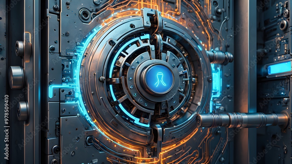 A futuristic vault door with a glowing blue button in the center, surrounded by intricate mechanical details. A futuristic vault door with a glowing blue button in the center, surrounded by intricate mechanical details.