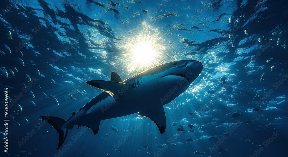 Silhouette of a shark swimming in the blue ocean with sun rays piercing through the water's surface, underwater wide-angle wildlife photography looking up towards the sky.
Silhouette of a shark swimming in the blue ocean with sun rays piercing through the water's surface, underwater wide-angle wildlife photography looking up towards the sky.