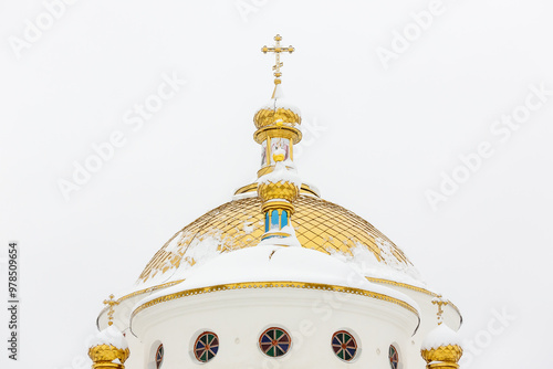 Dome and cross of the Orthodox Church. Religion, Orthodoxy, church domes with crosses. The Ascension Church is an Orthodox historical church in the city of Romny, Sumy region photo