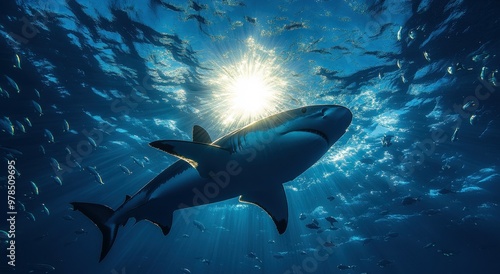 Silhouette of a shark swimming in the blue ocean with sun rays piercing through the water's surface, underwater wide-angle wildlife photography looking up towards the sky.