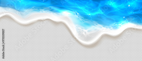 3d realistic sea beach wave top view. Foam and water aerial summer texture isolated on transparent background. Blue shore frame element for tropical flyer. Sun light reflection on holiday promo design