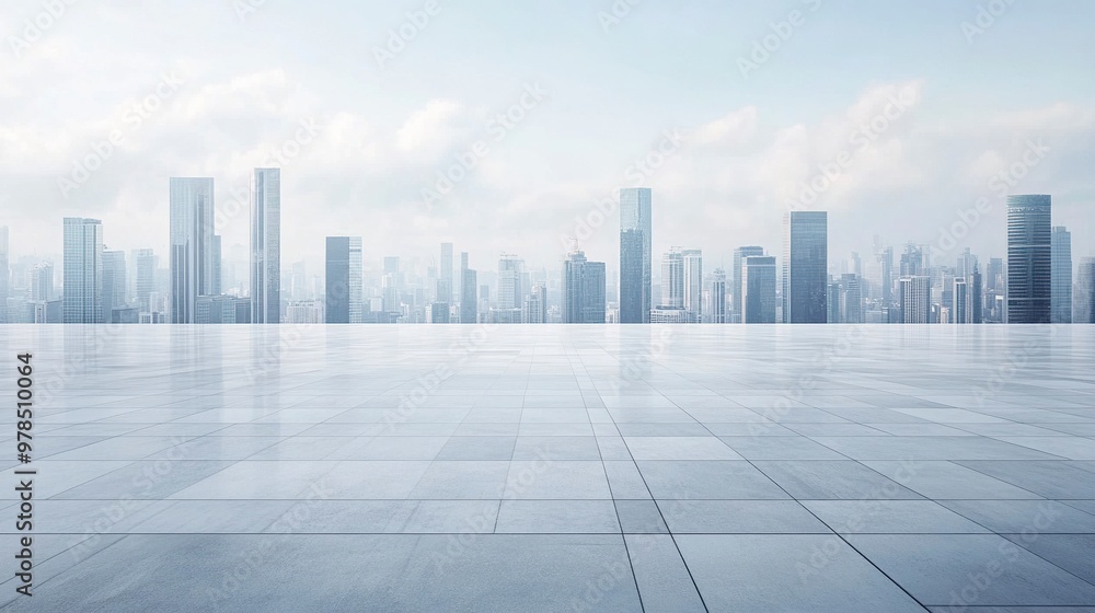 Empty square floor with modern city commercial buildings scenery. Panoramic view. generative ai Empty square floor with modern city commercial buildings scenery. Panoramic view. generative ai