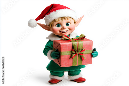 Santa’s Helper Holding a Gift Box on a White Background