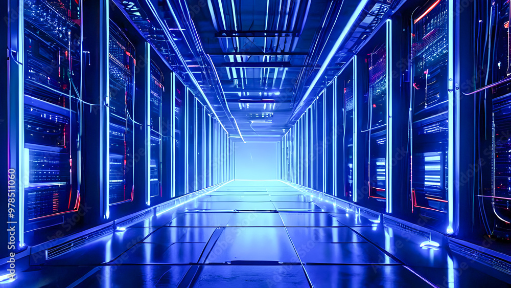 A futuristic data center: powerful servers, connected by cables, illuminated by blue LEDs A futuristic data center: powerful servers, connected by cables, illuminated by blue LEDs