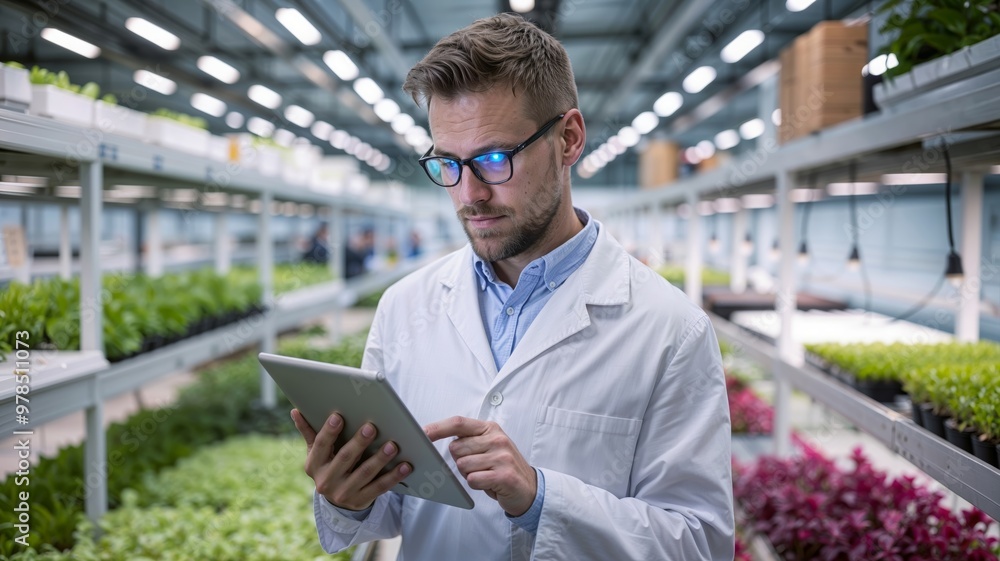A scientist examines data on a tablet in a hydroponic greenhouse, surrounded by healthy crops, demonstrating advancements in sustainable agriculture and modern farming techniques. A scientist examines data on a tablet in a hydroponic greenhouse, surrounded by healthy crops, demonstrating advancements in sustainable agriculture and modern farming techniques.