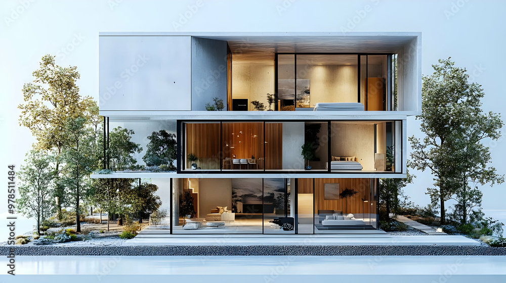 Modern Concrete House with Large Windows and Patio Surrounded by Trees Modern Concrete House with Large Windows and Patio Surrounded by Trees