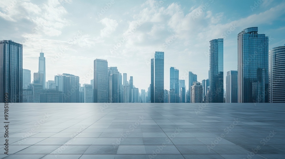 Empty square floor with modern city commercial buildings scenery. Panoramic view. generative ai Empty square floor with modern city commercial buildings scenery. Panoramic view. generative ai