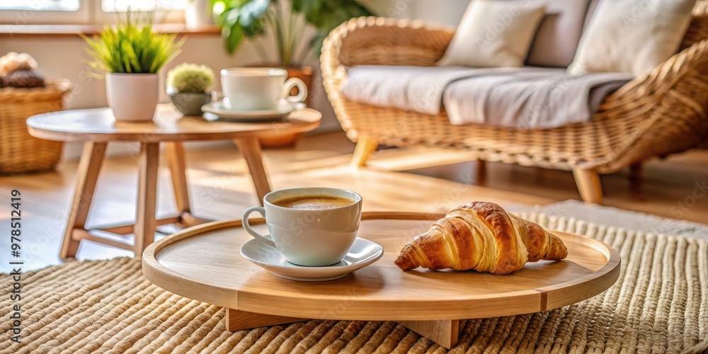 Fototapeta premium Cozy breakfast setting with coffee and croissant on a tray.