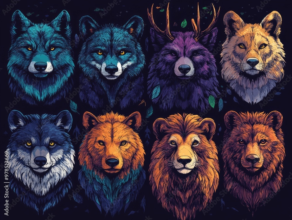 Wolves and a lion posing on galaxy background Wolves and a lion posing on galaxy background