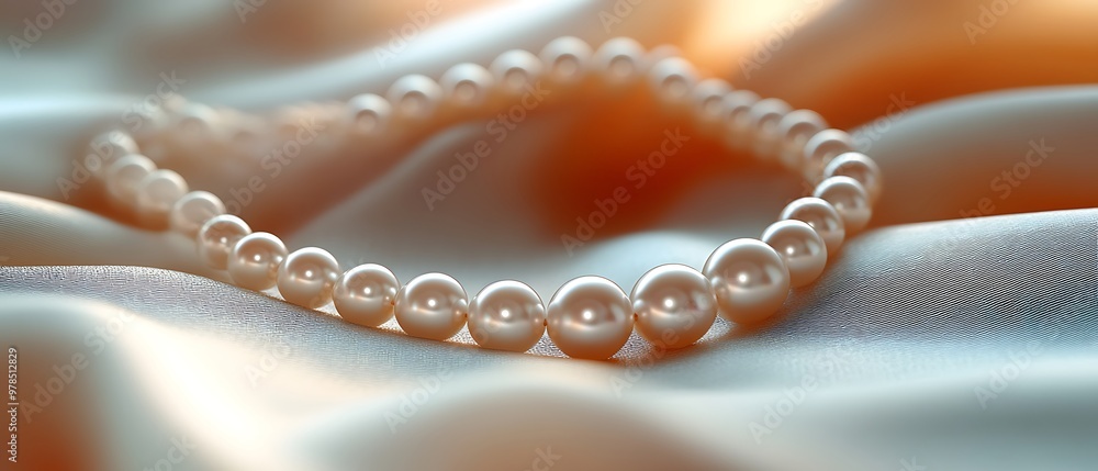 A string of pearls rests on a luxurious satin fabric, creating a delicate and elegant composition. A string of pearls rests on a luxurious satin fabric, creating a delicate and elegant composition.