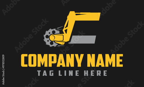 letter C excavator arm with saw logo design .