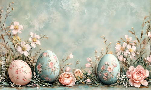 Wallpaper for Easter card invitation, vintage look, decorated easter eggs pastel colors and flowers