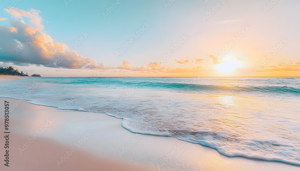 Obraz premium Crystal-clear turquoise waters with gentle waves lapping at a pristine beach under a golden sunset