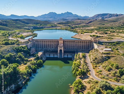 Aerial view of the dam at El Chella in Almería, Spain. The entire structure is visible photo