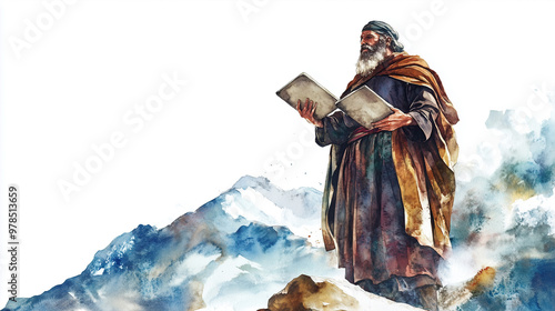 watercolor illustration of Moses and Ten Commandments on white background