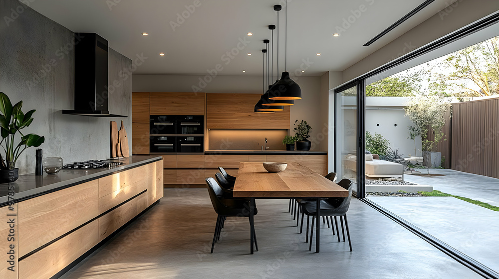 Modern Kitchen Design with Wooden Cabinets and Open Dining Area Modern Kitchen Design with Wooden Cabinets and Open Dining Area