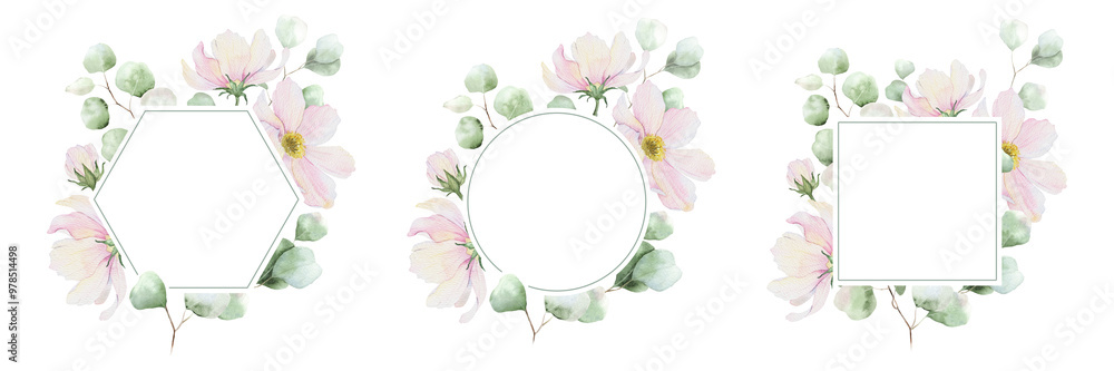Set of frames. Pink flowers and eucalyptus leaves. Isolated hand drawn watercolor templates of cosmea flowers. Floral design of pink wildflowers wreath for wedding invitation, card, packaging of good Set of frames. Pink flowers and eucalyptus leaves. Isolated hand drawn watercolor templates of cosmea flowers. Floral design of pink wildflowers wreath for wedding invitation, card, packaging of good