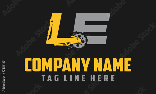 letter LE excavator arm with saw logo design .