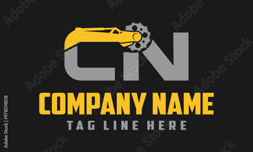 letter CN excavator arm with saw logo design .