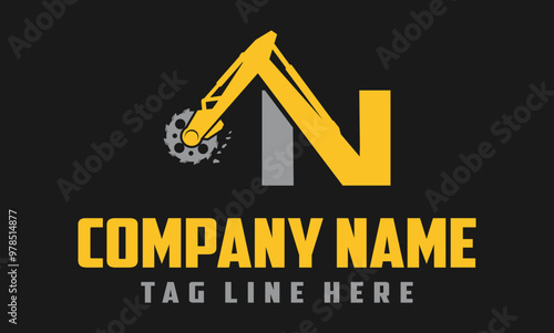 letter N excavator arm with saw logo design .