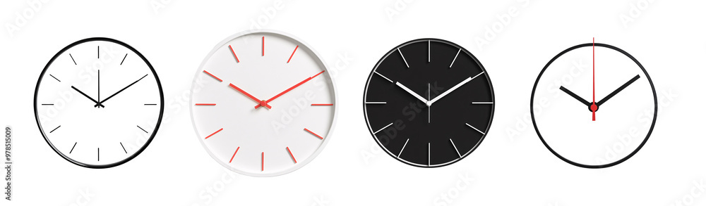 Four modern wall clocks in various designs and colors, showcasing minimalist aesthetics. Four modern wall clocks in various designs and colors, showcasing minimalist aesthetics.