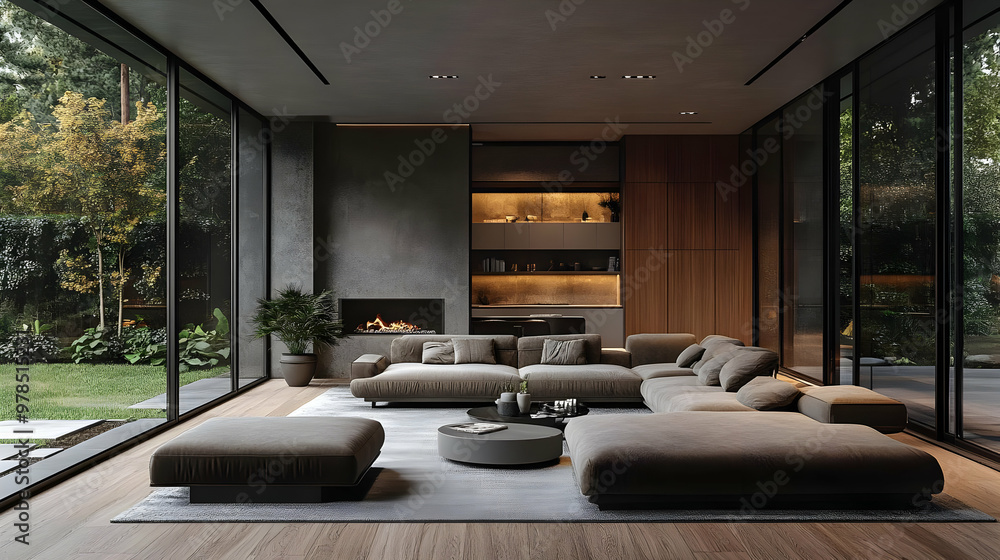 Modern Living Room Design with Fireplace and Large Windows Modern Living Room Design with Fireplace and Large Windows