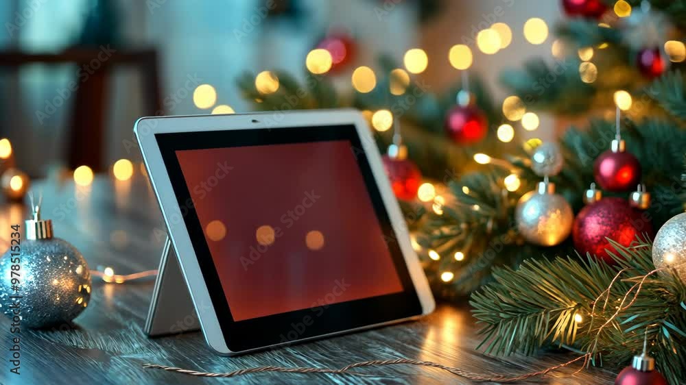 A cozy holiday setting with glowing ornaments and a tablet surrounded by festive decorations A cozy holiday setting with glowing ornaments and a tablet surrounded by festive decorations