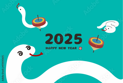 Illustration of a snake playing with a frame, beside a New Year's card, 2025.English text. 
