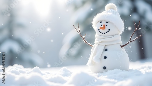 A snowman in a white hat and scarf stands in the snow, surrounded by falling snowflakes and soft sunlight