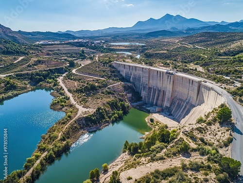 Aerial view of the dam at El Chella in Almería, Spain. The entire structure is visible photo