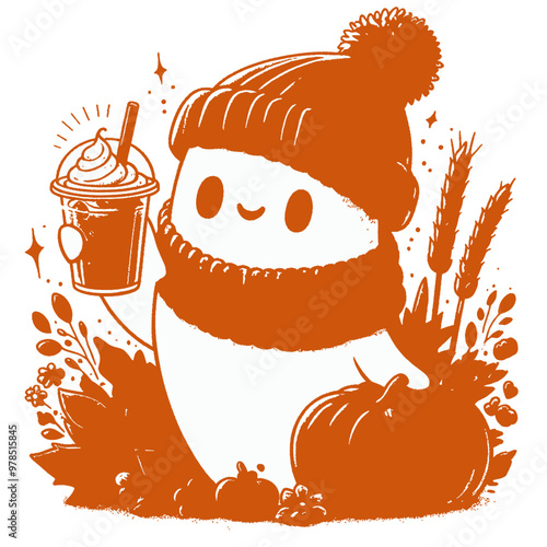 Create an illustration of a whimsical ghost celebrating autumn and Halloween