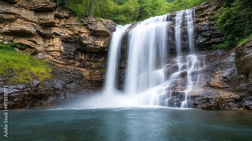 Side view of a serene waterfall