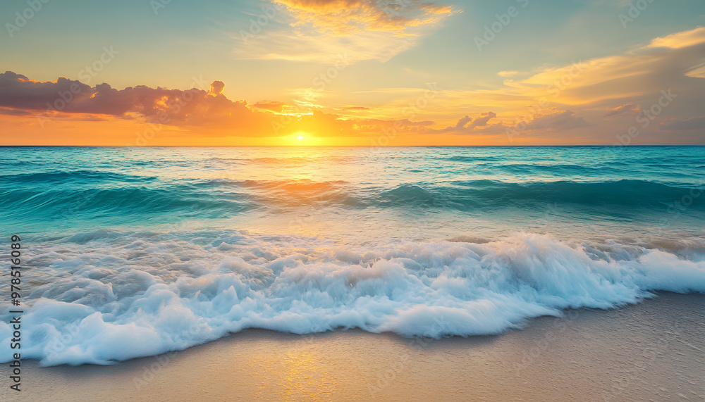 Fototapeta premium Crystal-clear turquoise waters with gentle waves lapping at a pristine beach under a golden sunset