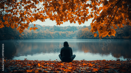 A person sits quietly on the banks of a lake, framed by vivid autumn leaves, reflecting on memories in a peaceful and melancholic ambiance, copy space