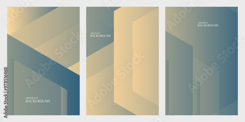 Three vertical panels with overlapping hexagon shapes in blue and beige gradients.