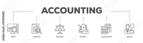 Accounting infographic icon flow process which consists of audit, analysis, balance, budget, calculation, and advice icon live stroke and easy to edit 