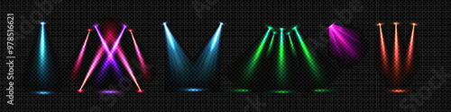 Colorful spotlight beam to illuminate stage or product podium. Realistic 3d vector illustration set of projector light ray on transparent background for award and presentation. Podium and scene shine.