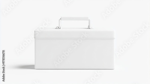 A simple white lunch box mockup with a handle, set on a seamless white background