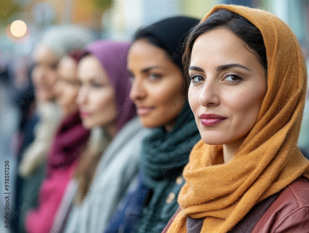 Fototapeta premium A diverse group of women lining up to vote, showing unity and civic engagement selective focus, democracy in action, dynamic, composite, town square backdrop