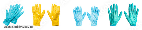 A vibrant assortment of disposable gloves in blue, yellow, and green colors, ideal for various tasks.