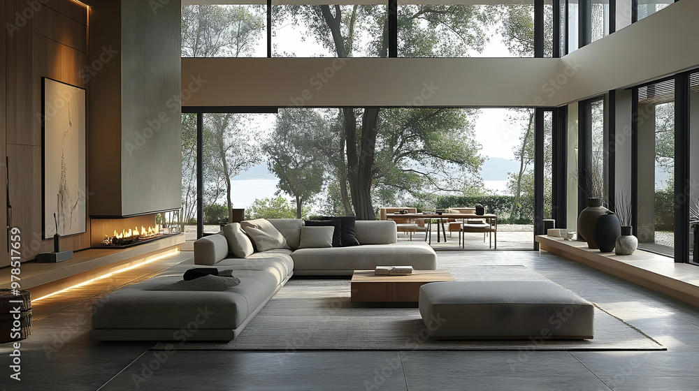 Modern Minimalist Living Room Design with Floor-to-Ceiling Windows and a Cozy Fireplace Modern Minimalist Living Room Design with Floor-to-Ceiling Windows and a Cozy Fireplace