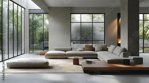 Modern Living Room Design with Large Windows and Minimalist Decor