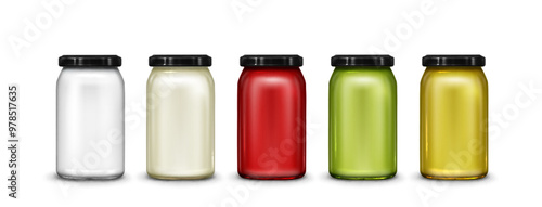 Blank colorful bottle mockup for sauce or jam canning preservation. Realistic 3d vector set of food package with black lid template. Container for mustard, mayonnaise and other dip branding.