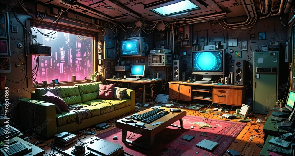 messy living room in futuristic sci fi house home in the woodland forest. abandoned room interior with computer technology and monitor displays in forest cabin. messy living room in futuristic sci fi house home in the woodland forest. abandoned room interior with computer technology and monitor displays in forest cabin.