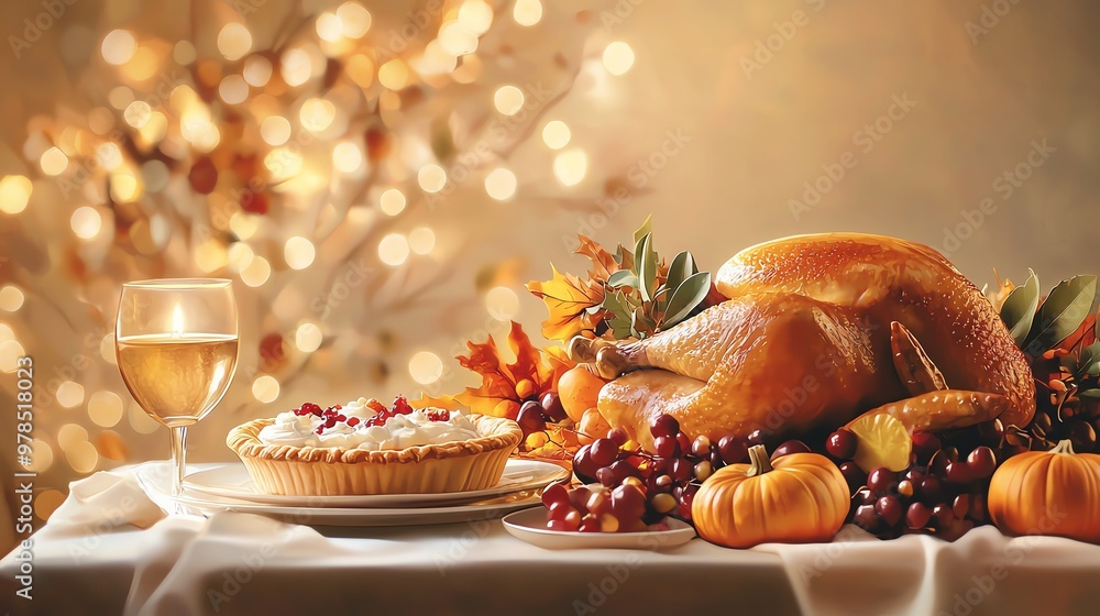 Naklejka premium Festive Thanksgiving table with a roasted turkey, pumpkin pie, and autumn fruits, illuminated by warm bokeh lights.