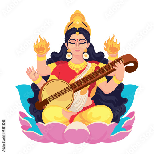 goddess saraswati sitting with sitar