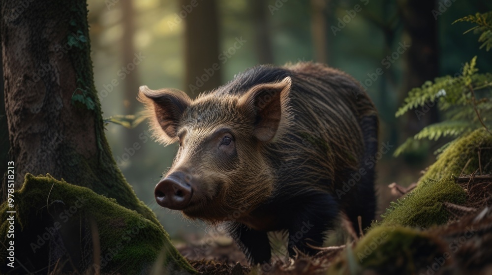wild boar in the forest with a blurry natural background wild boar in the forest with a blurry natural background