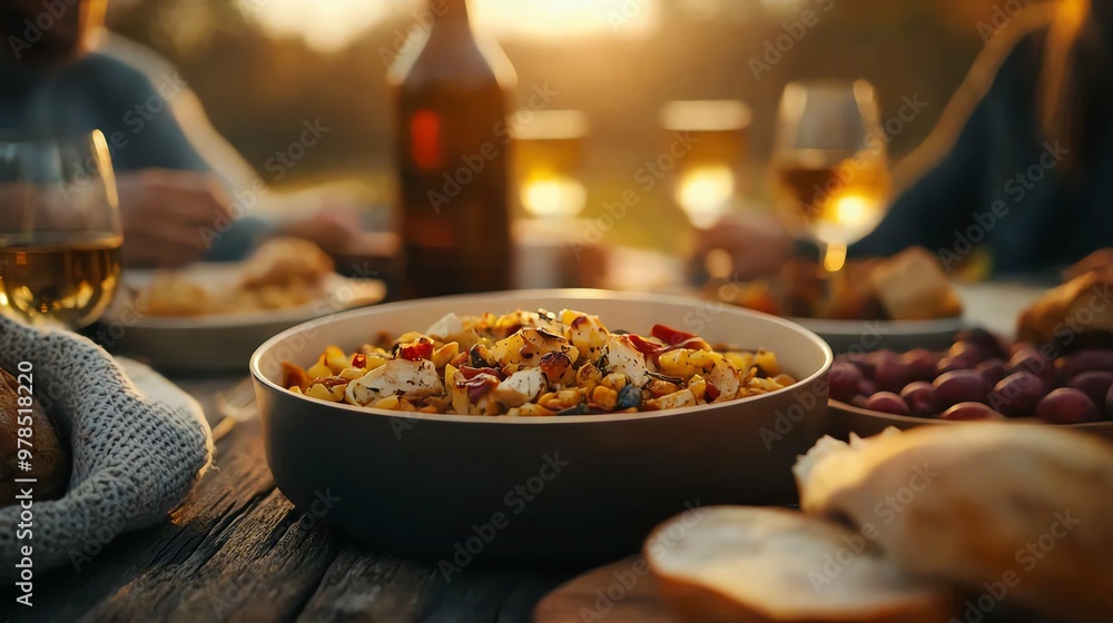 A warm gathering featuring a delicious meal, perfect for outdoor dining. Enjoy the vibrant colors and inviting atmosphere. A warm gathering featuring a delicious meal, perfect for outdoor dining. Enjoy the vibrant colors and inviting atmosphere.