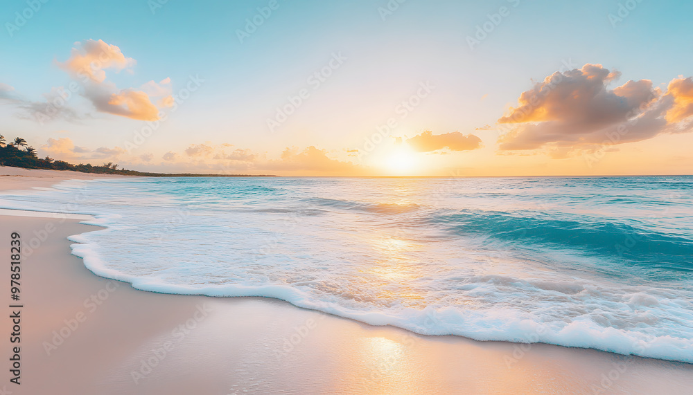 Fototapeta premium Crystal-clear turquoise waters with gentle waves lapping at a pristine beach under a golden sunset